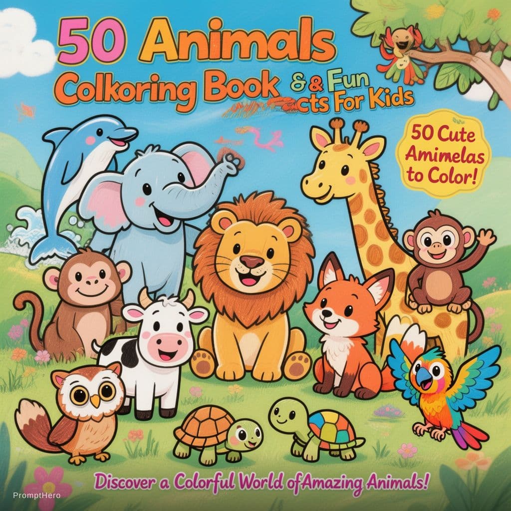 AI generated: A vibrant and playful children's coloring book cover for **'50 Animals Coloring Book & Fun Facts for...