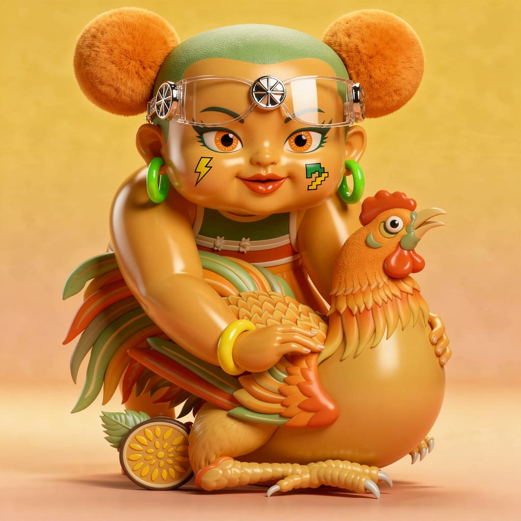 AI generated: Create a hyper-stylized 3D vinyl art toy inspired by Vietnamese folk illustration of a child riding ...