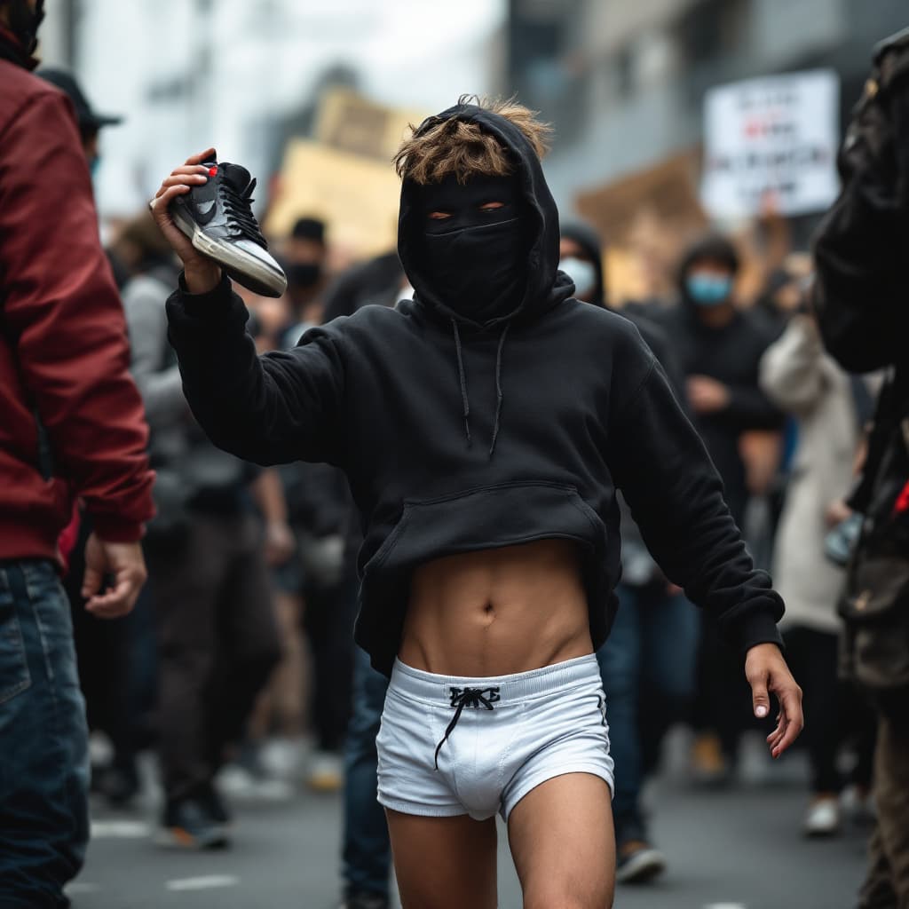 AI generated: High resolution photography of a boy, who is a black block is at a demonstration with his face cover...