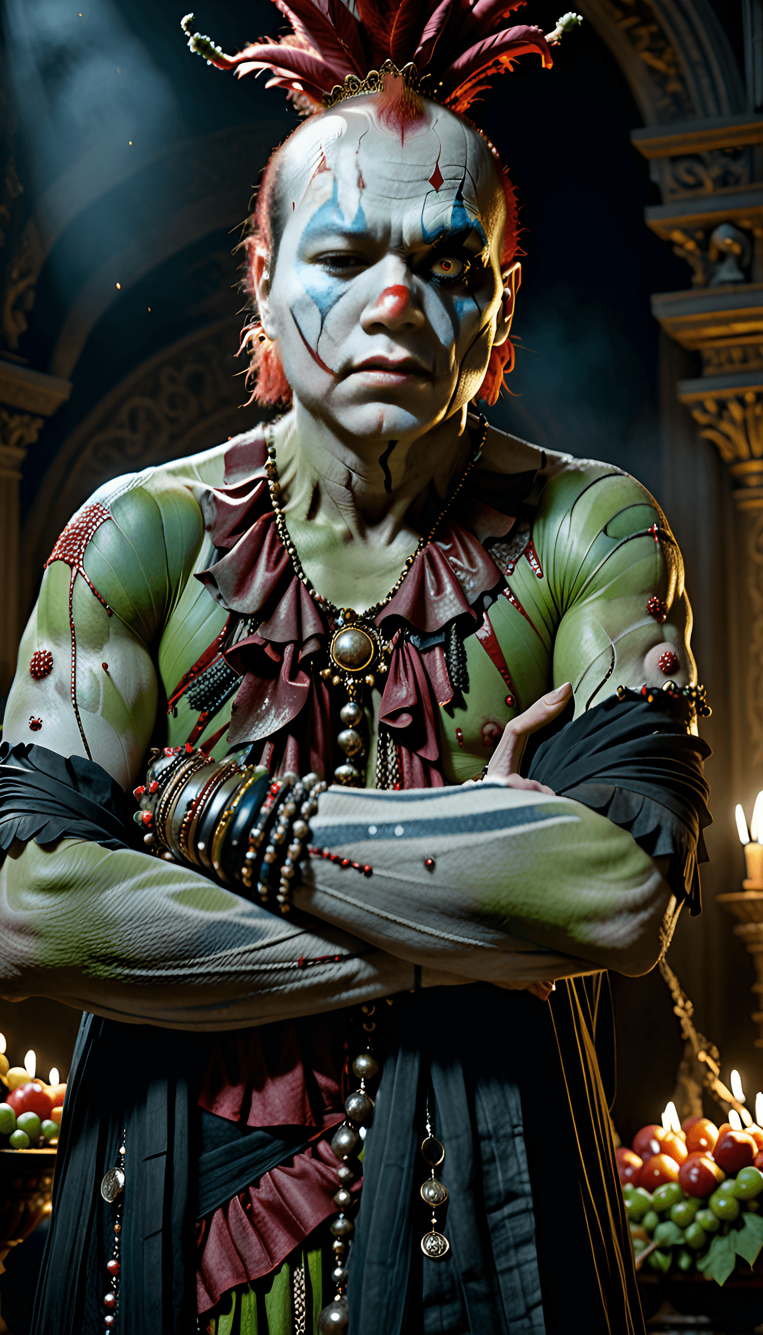 AI generated: Jared Padelecki , zombie , uhd photorealisitc authentic psychotic angry madman wearing ornate clown ...