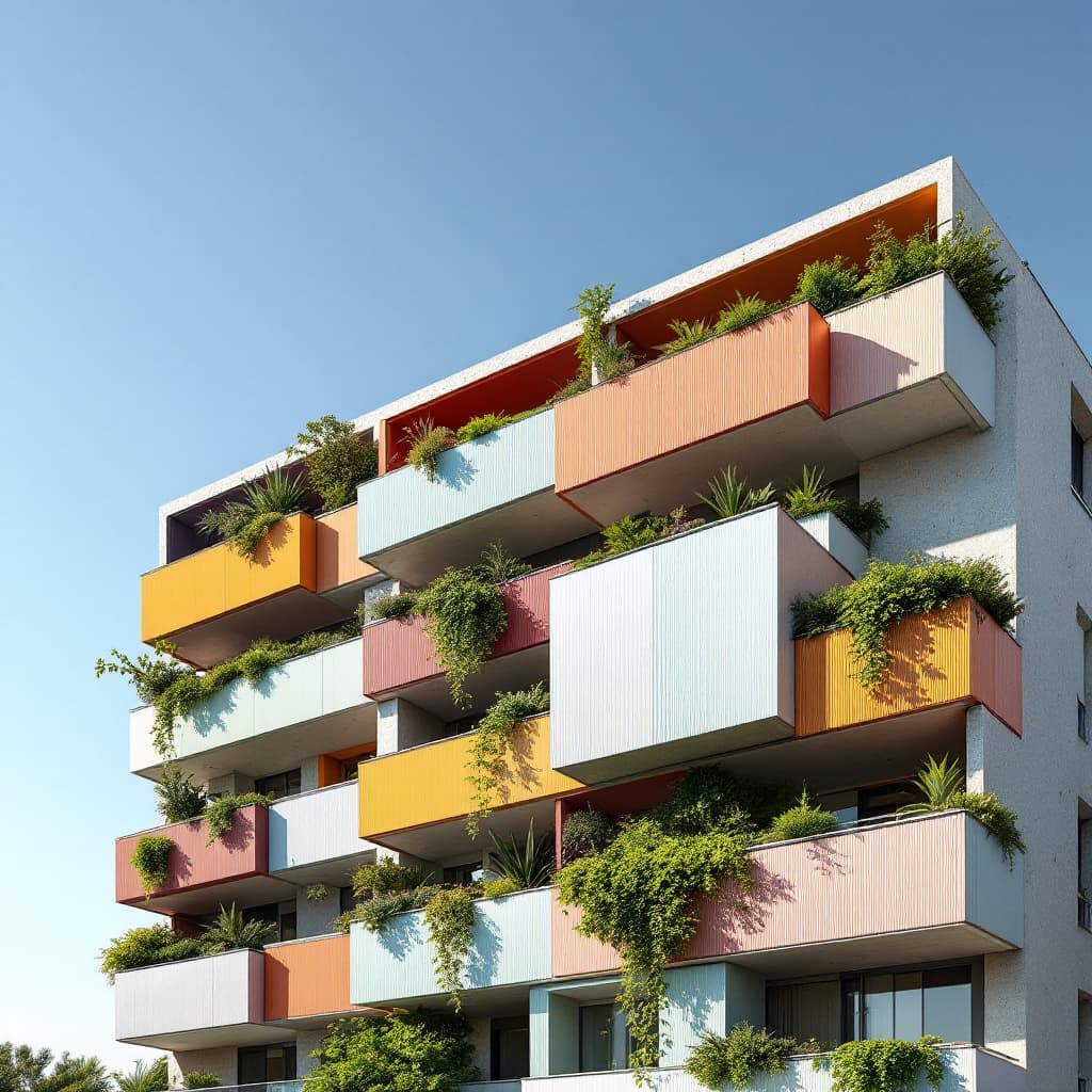 AI generated: An athenian block of buildings in Greece where there are vertical sun protection coloured metal pane...
