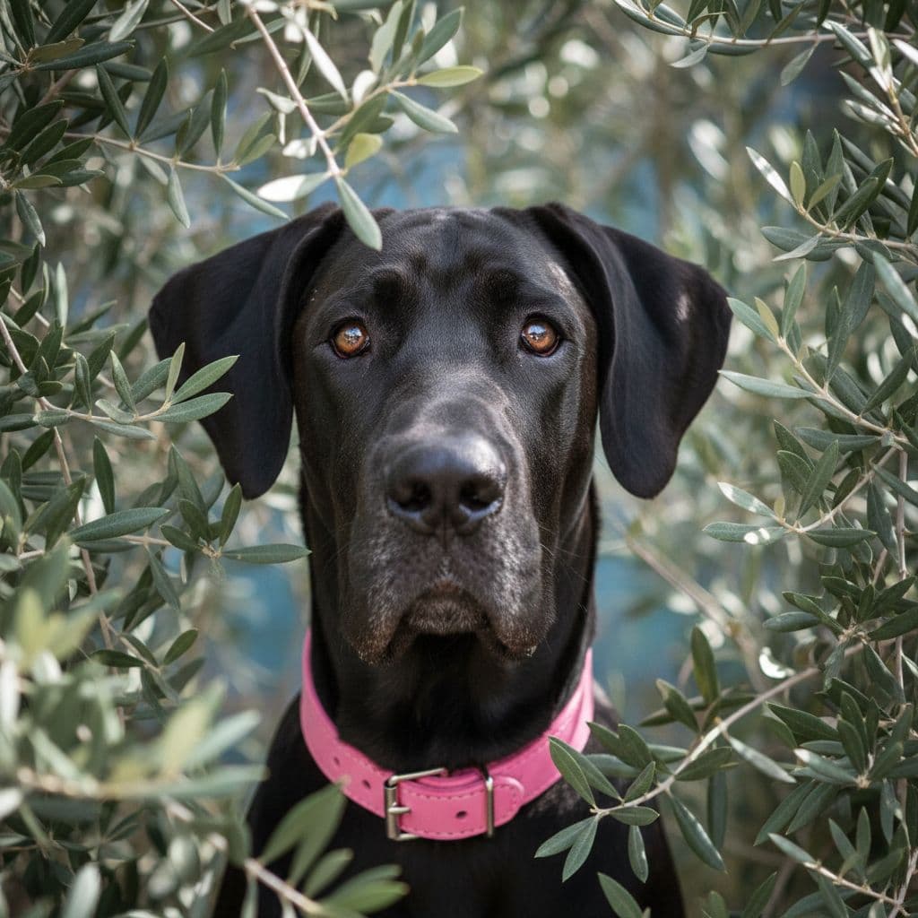 AI generated: young black Great Dane dog,
pink collar,
face only,
peeking through olive branches 