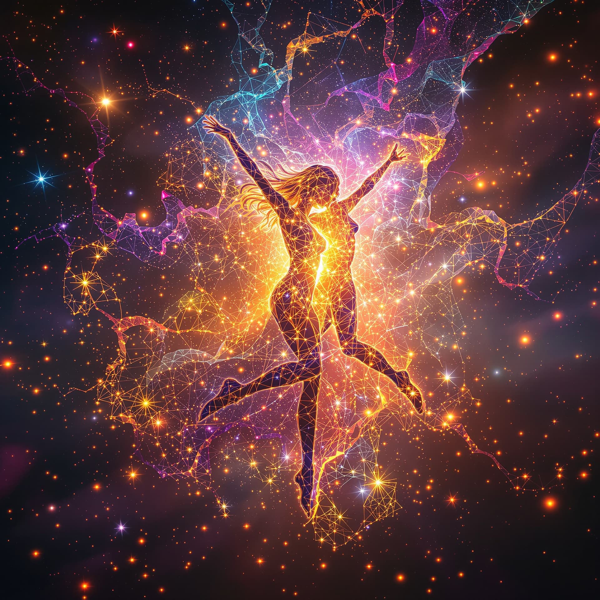 AI generated: Psychedelic, deep color. A surreal representation of existence as pure energy, showing a female and ...