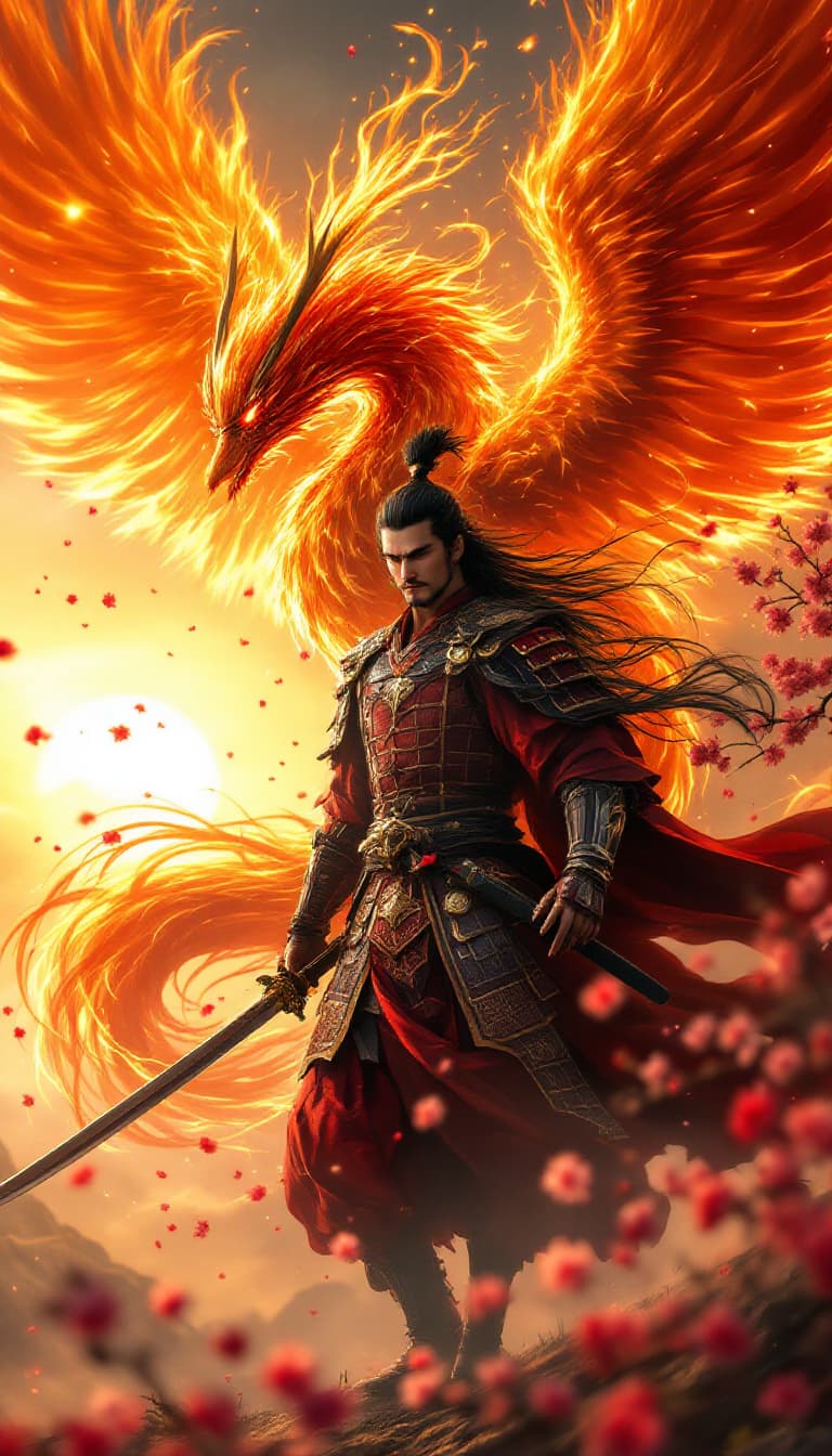AI generated: Photo of a ultra realistic regal Japanese samurai with long black hair flowing, wearing deep crimson...