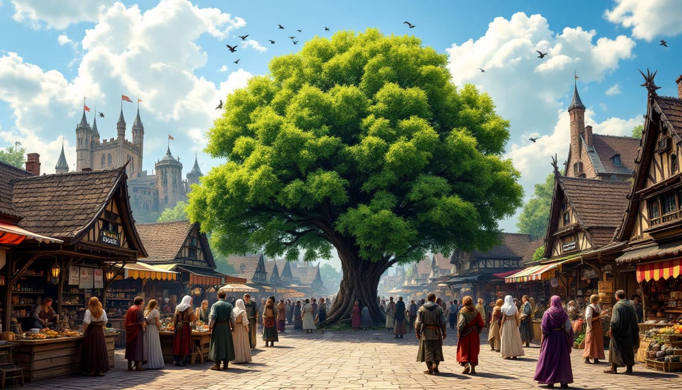 AI generated: a medieval-style village market, with a large tree at its center. The villagers are dressed in medie...
