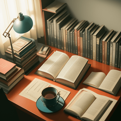 AI generated: a flat lay photography of books and what a booklover have in they office desk :: Wes Anderson color ...