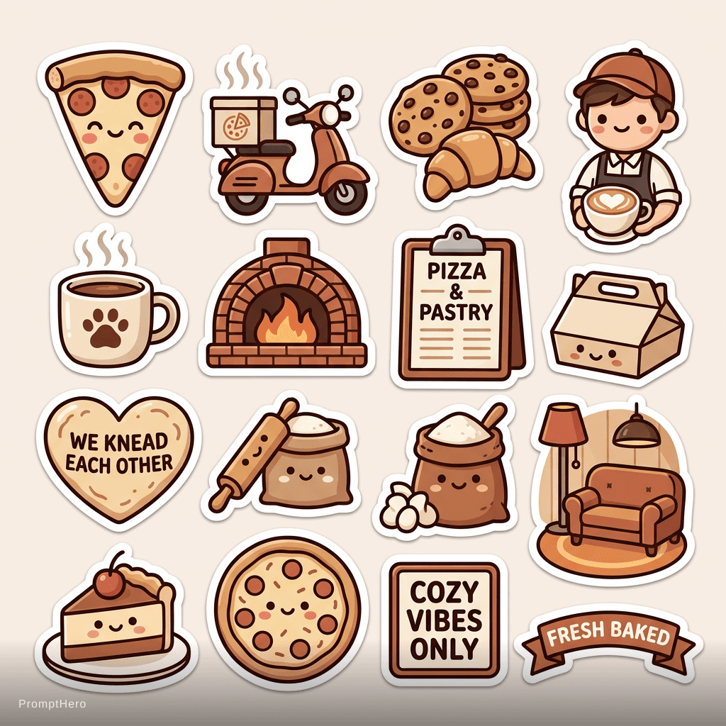 AI generated: pizza shop brand stickers, cute pizza , pastries, barista character, cozy vibes, brown and cream col...