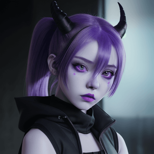AI generated: 
beautiful girl, pretty face, pale-skinned demon girl in techwear, full body, purple hair ponytail, ...