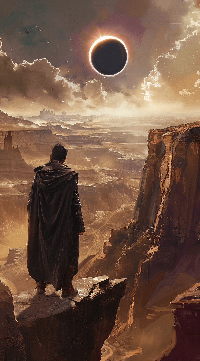 AI generated: A man in a dark cloak stands on the edge of a cliff. He is looking at a vast desert landscape with t...