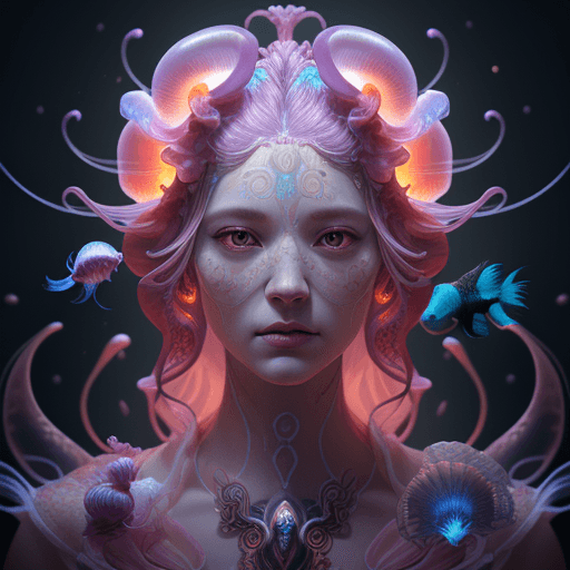 AI generated: Goddess close-up portrait ribcagel. jellyfish phoenix head, nautilus, orchid, skull, betta fish, bio...
