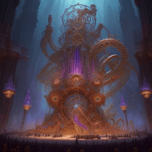 AI generated: Giant fantasy machinery made of orchestra instruments, intricate metalwork, high fantasy, vibrant co...