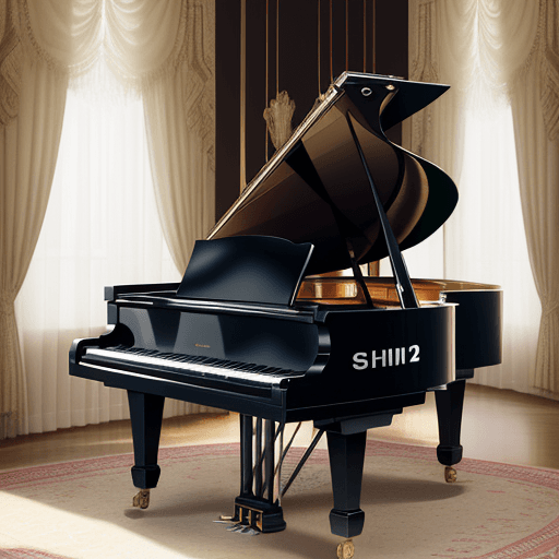 AI generated: Schimmel K219 grand piano floating in sky