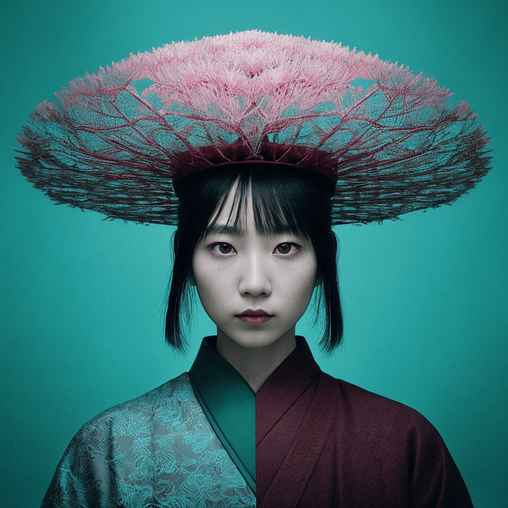 AI generated: victo ngai,schizophrenic samurai, enormous abstract shaped hat, cinematic film still, by Alessio Alb...