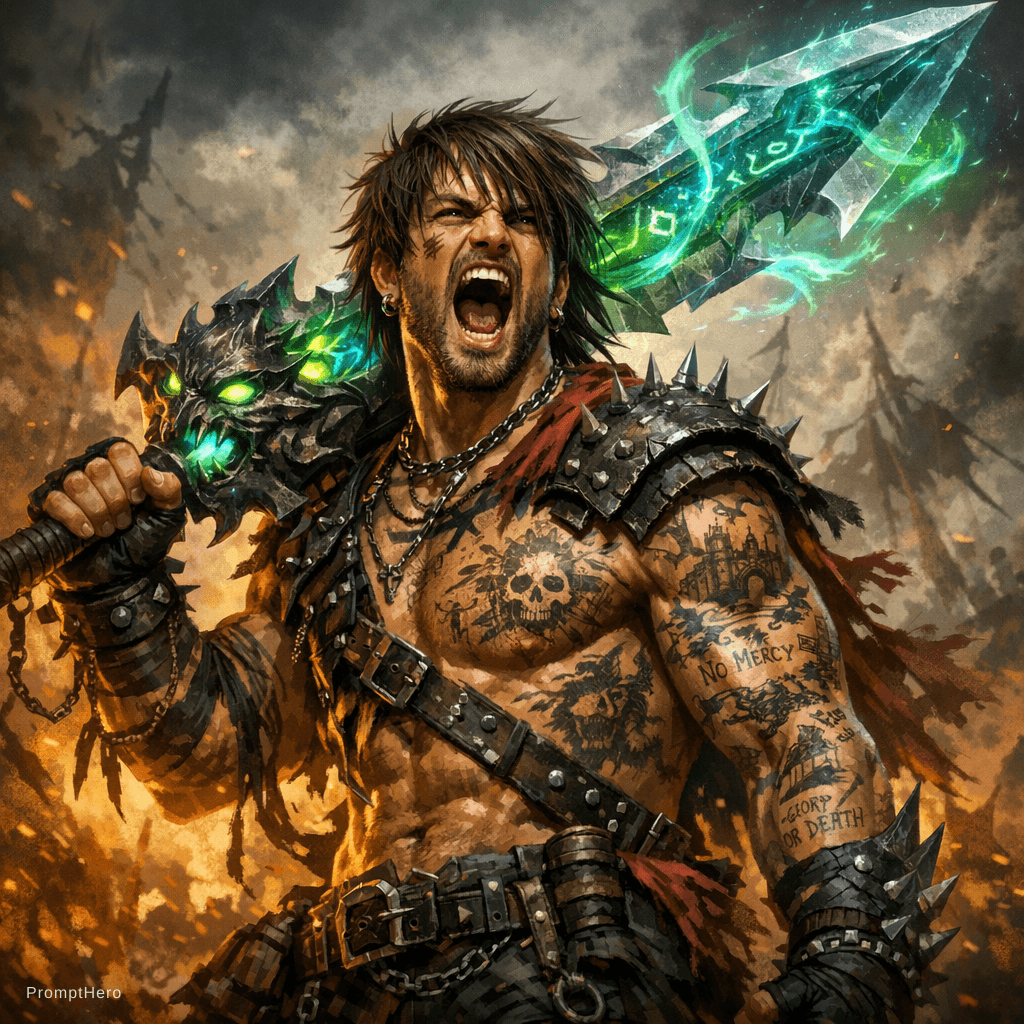 AI generated: A brave, muscular, punkish warrior with shaggy hair and tattoos chronicling his exploits. He holds a...