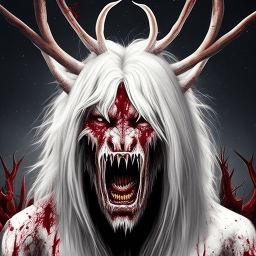 AI generated: Hyper realistic Huge werewolf with long white hair. It has large antlers at the top of its head. It'...