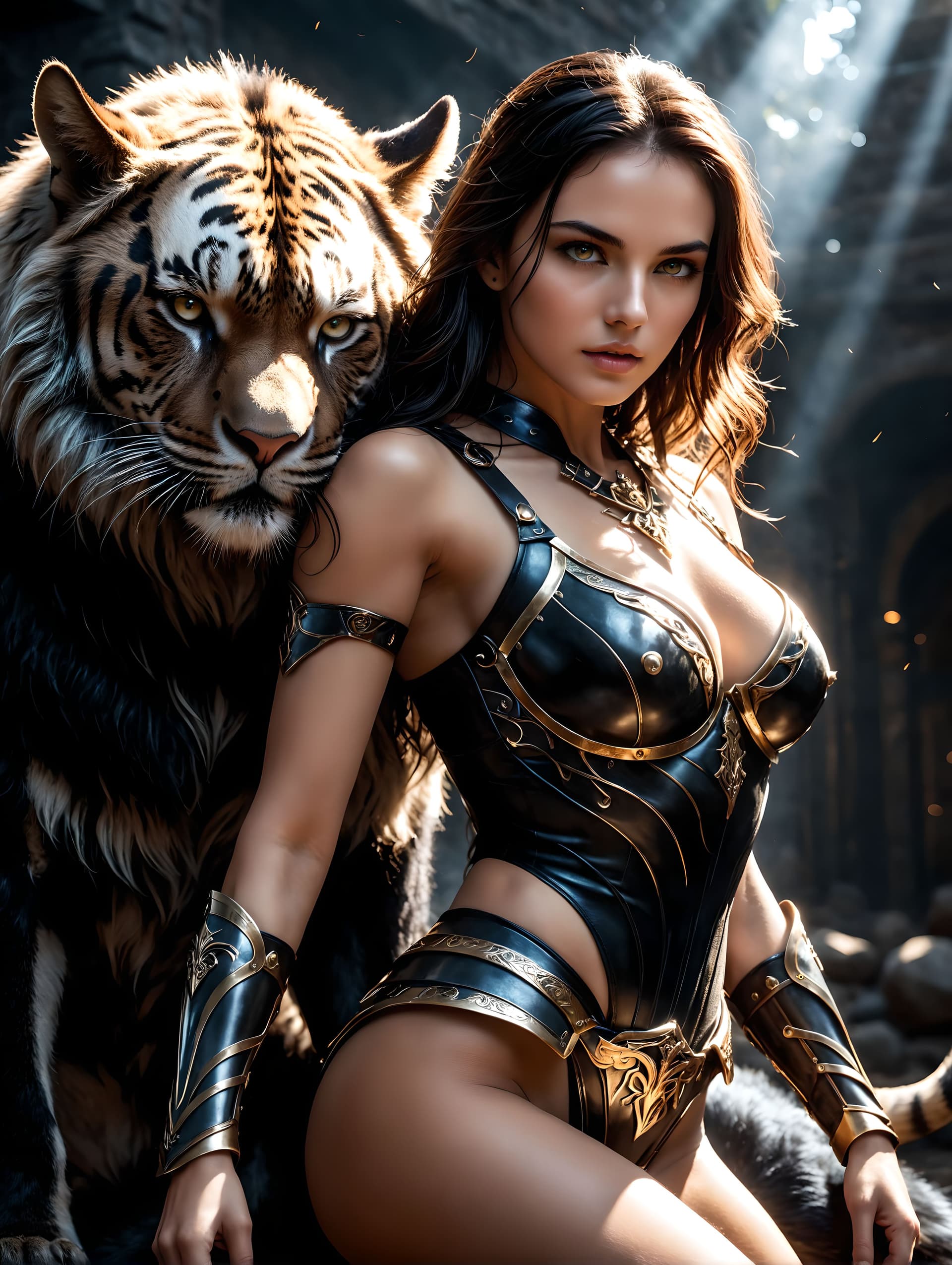 AI generated: A fierce tamer, accompanied by her loyal beast, dressed in lightweight yet durable armor, her agile ...