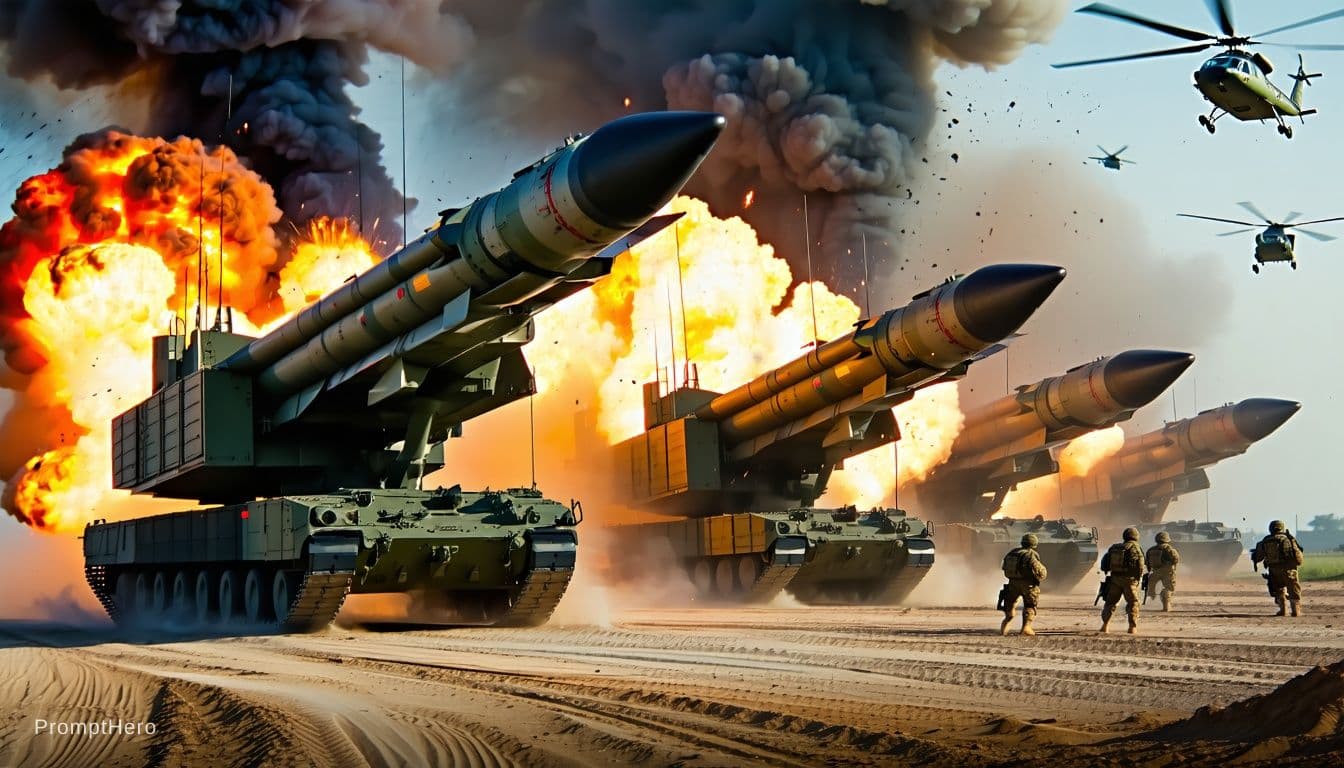 AI generated: Three massive, highly detailed military missiles mounted on large mobile launchers are positioned in...