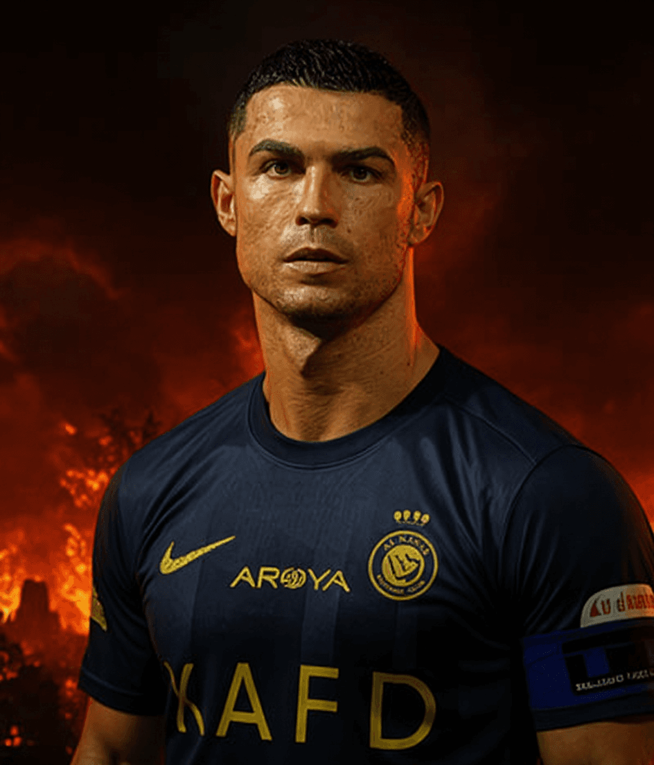 AI generated: create a hellhole landscape, dystopian end of the world with Cristiano Ronaldo as its only king