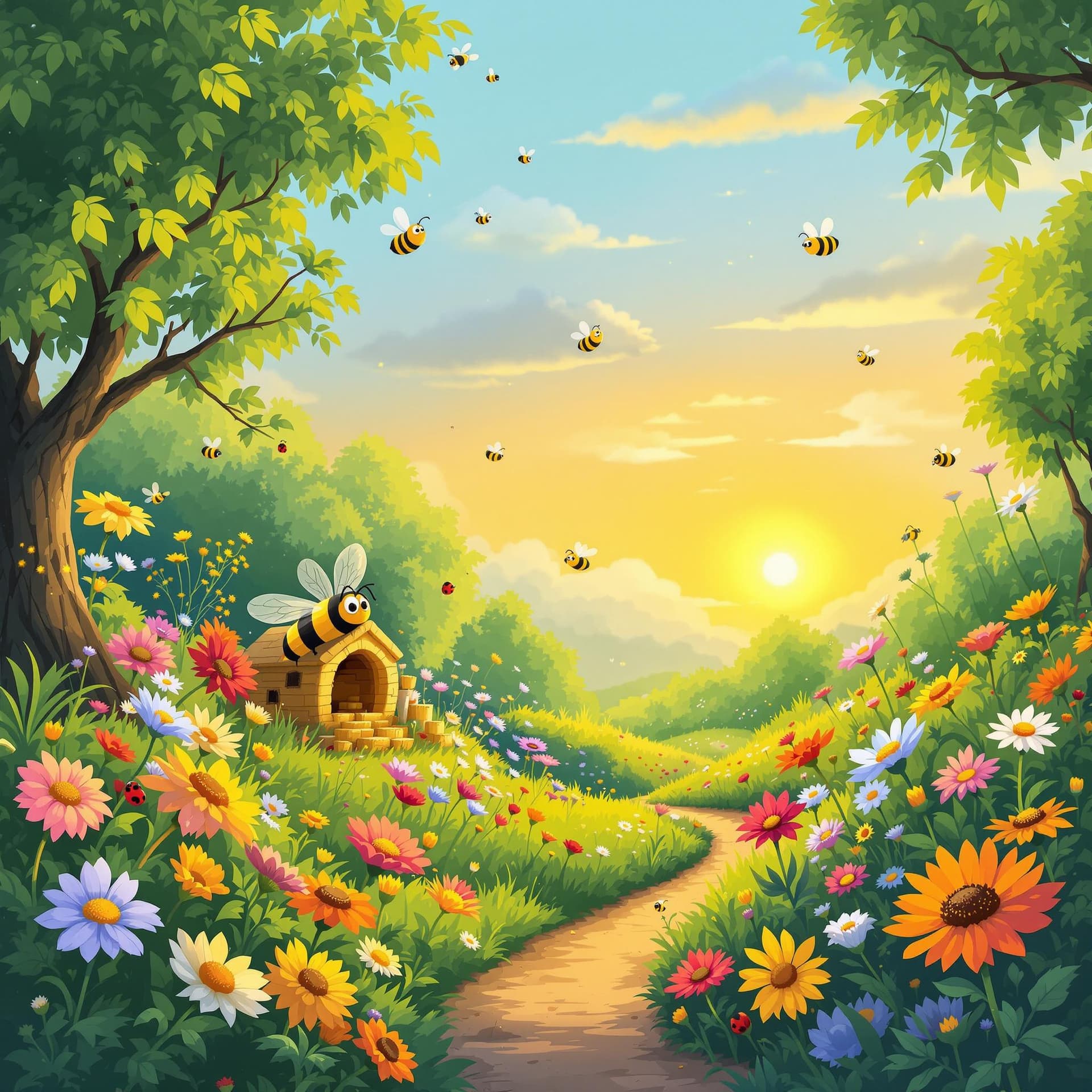 AI generated: Create a heartwarming story about the life of a bee in a vibrant garden. Start by showing the bee wa...
