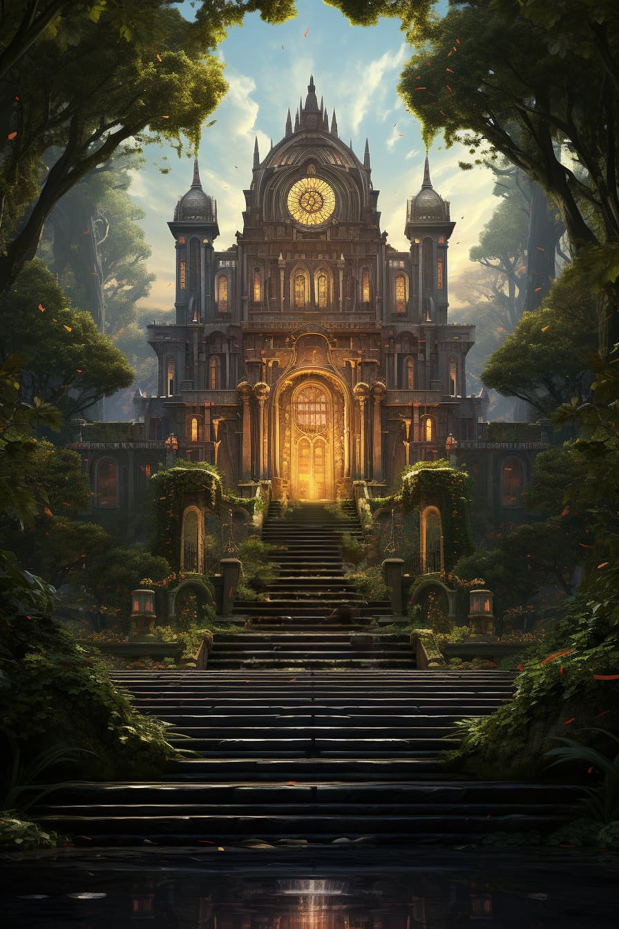 AI generated: a fairy - tale wonderland with purple nature and a magical portal on the center painting by greg rut...