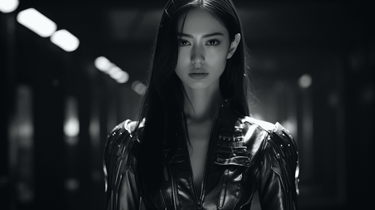 AI generated: Angelababy smiling as a cyberpunk cage fighter, 16-35mm lens, f/1.8, global illumination, natural li...