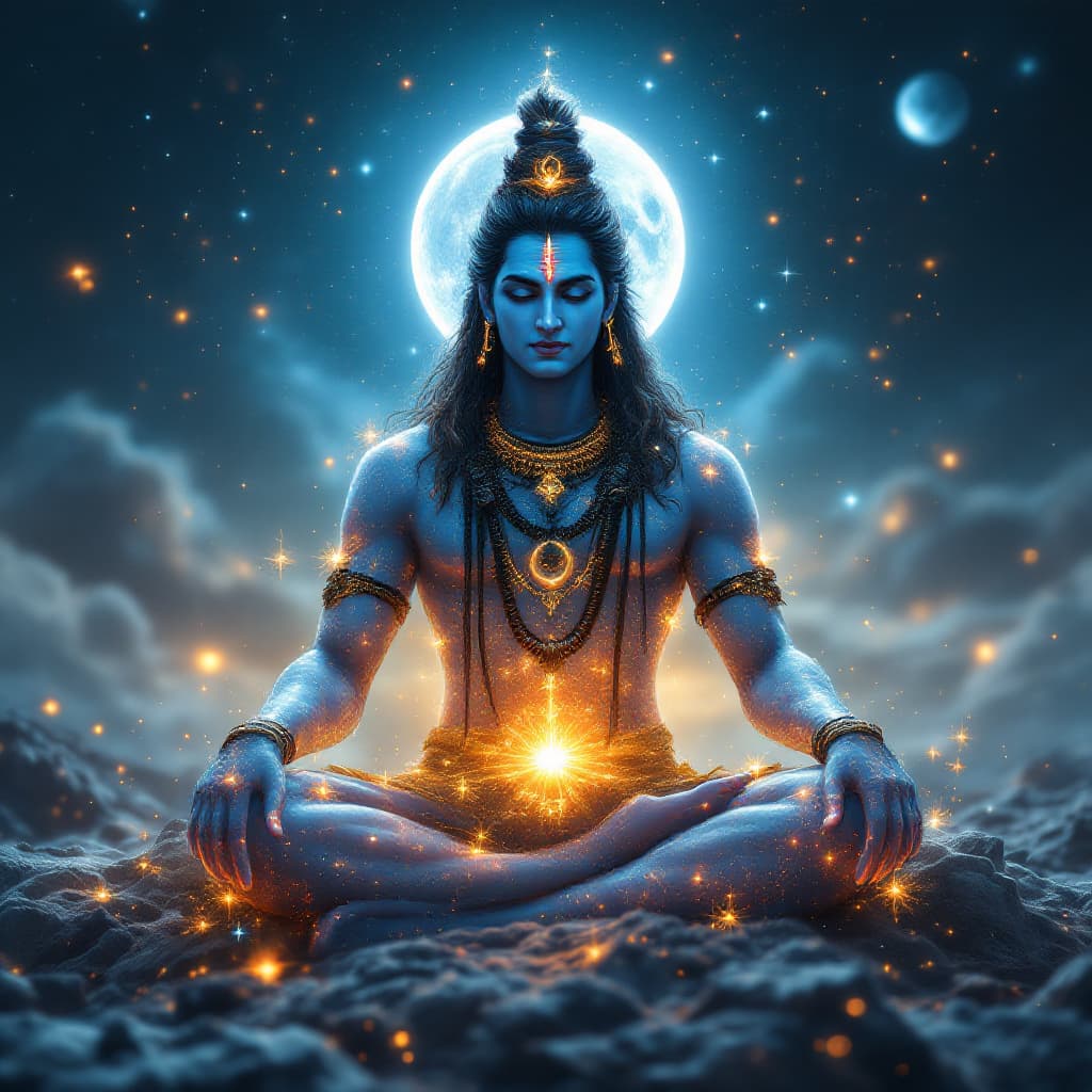 AI generated: A luminous, full transparent lord shiva and shiva sitting around the universe with, showcasing an in...