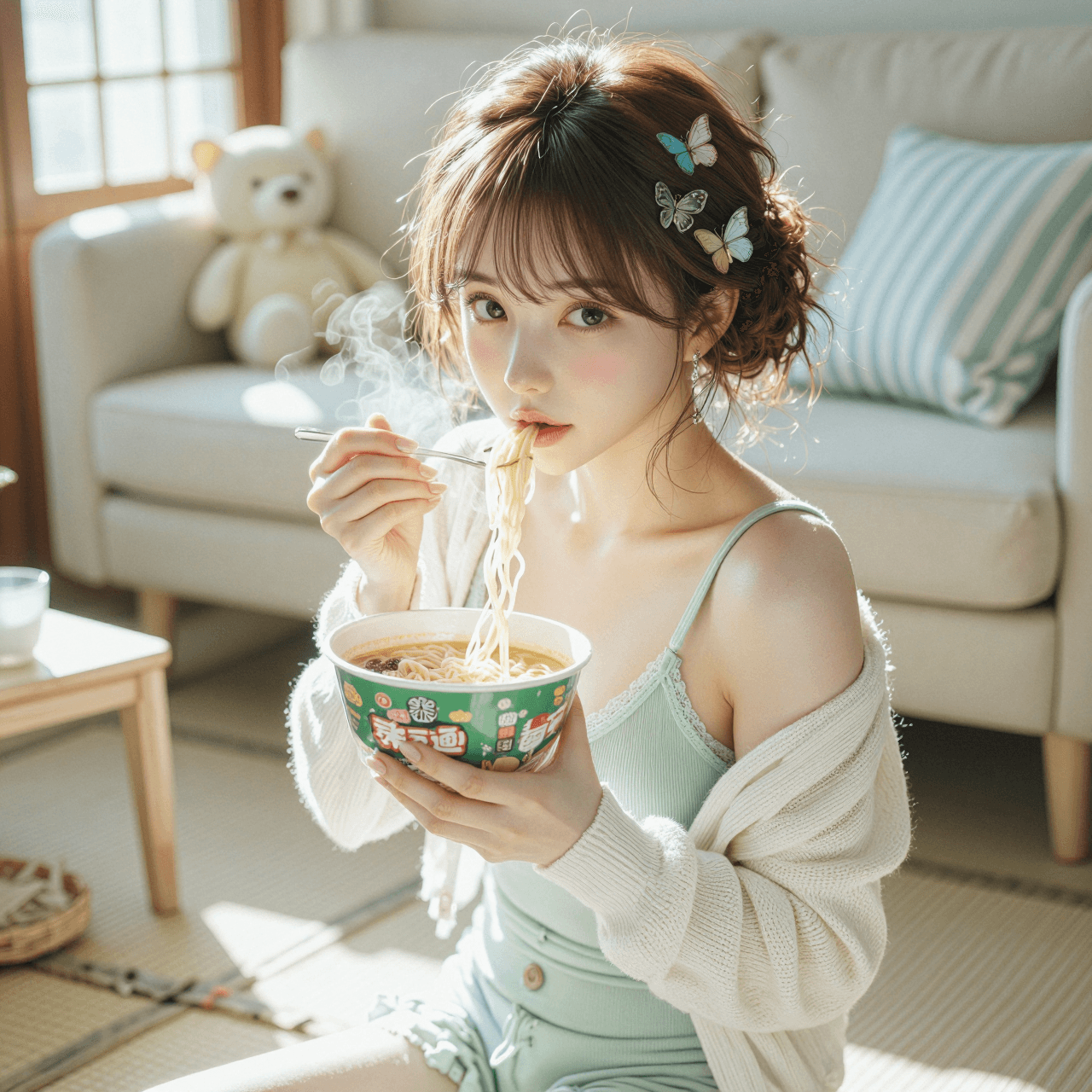 AI generated: A highly detailed, photorealistic, cinematic vertical medium shot of a charming young East Asian wom...