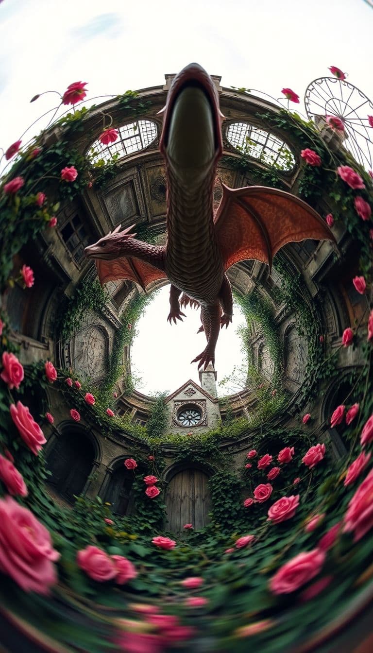 AI generated: Fisheye lens  aerial perspective perspective looking down from a birds eye view onto a dragon in fli...