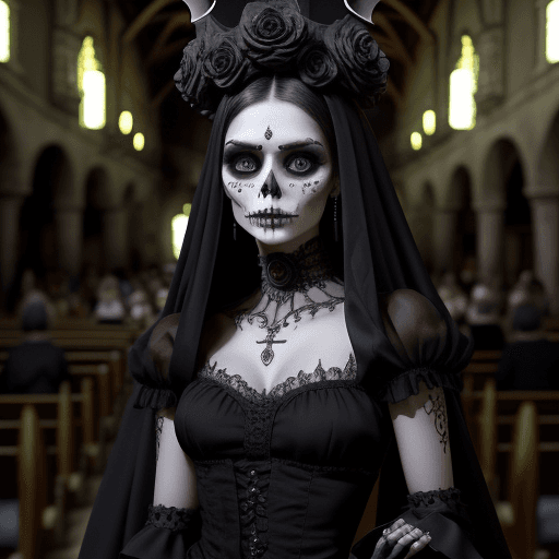 AI generated: pasarela en iglesia negra, modelos goticos con tunicas y diseños de calaveras, realista ultra defini...