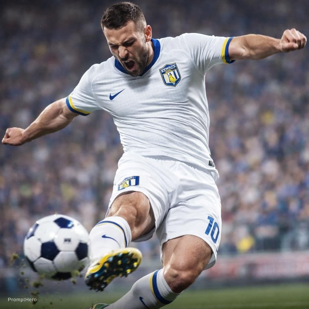 AI generated: CREATE A FOOTBALL -SOCCER PLAYER WEARING THE SUIT IN THE ATTACHED IMAGE AND KICKING THE BALL FULL OF...