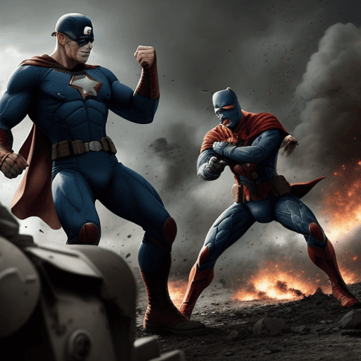 AI generated: Photo of a ultra realistic war scene between super Heros and evil soliders