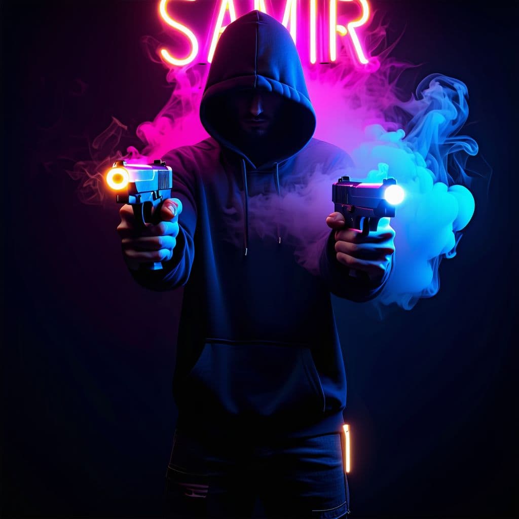 AI generated: dark with RGB neon lights background, SKINNY man wearing hoody, holding dual 9mm handguns, "SAMIR" w...
