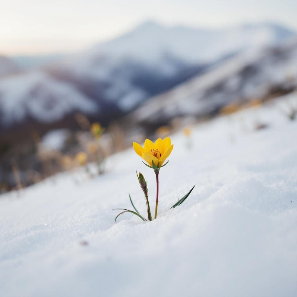 AI generated: Yellow flower on a snowy hill