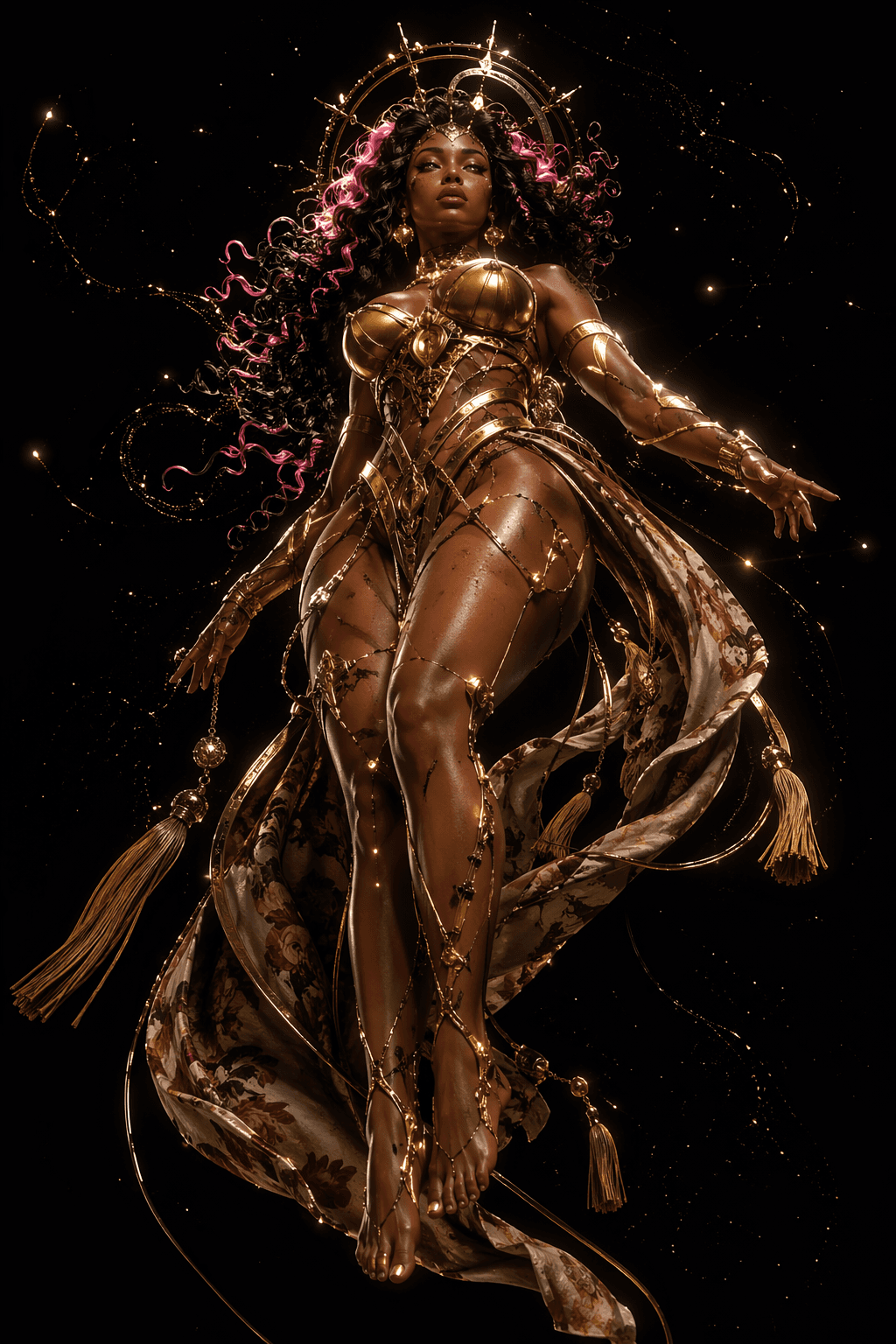 AI generated: A full-body, wide-shot portrayal of a powerful feminine figure floating mid-air, captured from a low...