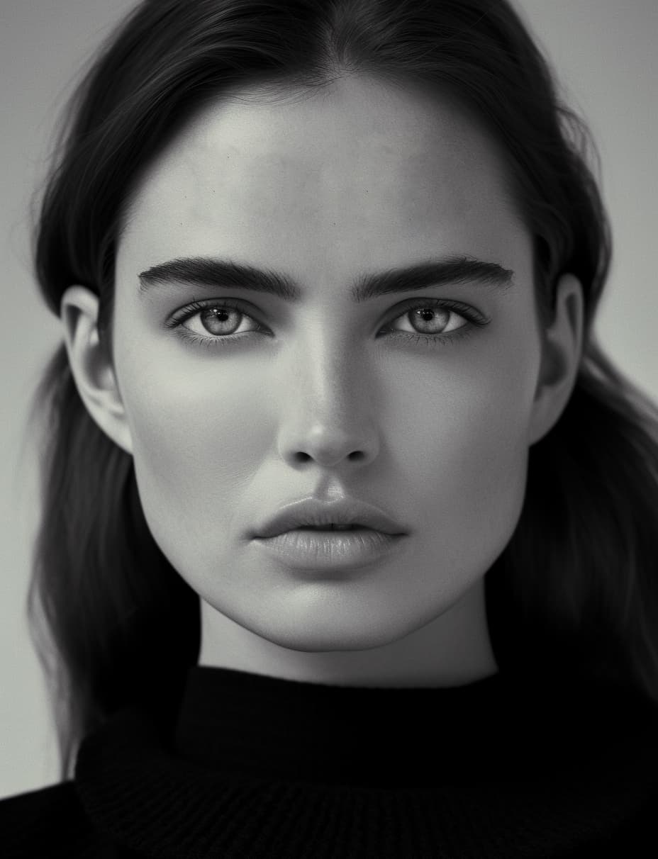 AI generated: a black and white photo of a woman with her hand on her head, vogue cover style, big bold thick eyeb...