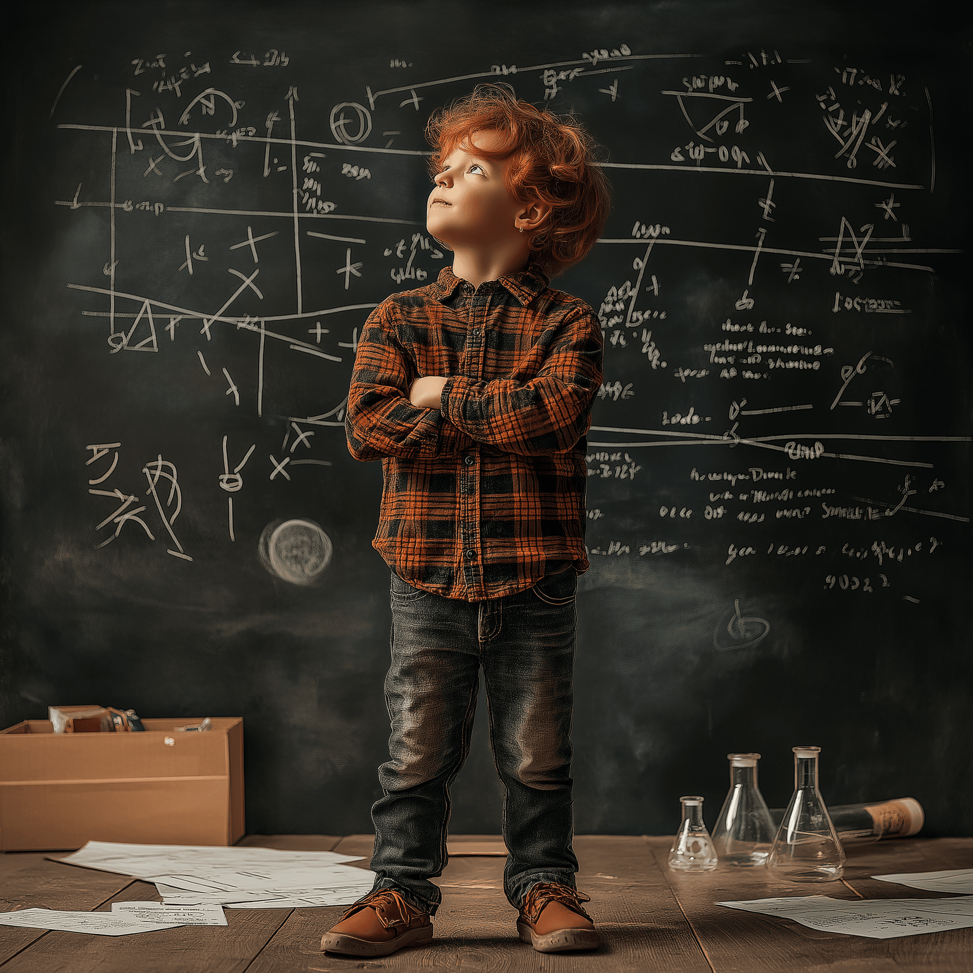AI generated: A young, freckled boy with messy red hair stands in front of a large blackboard filled with complex ...