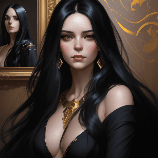 AI generated: a woman with long black hair in a gold painting, in the style of charlie bowater, dark blue and dark...