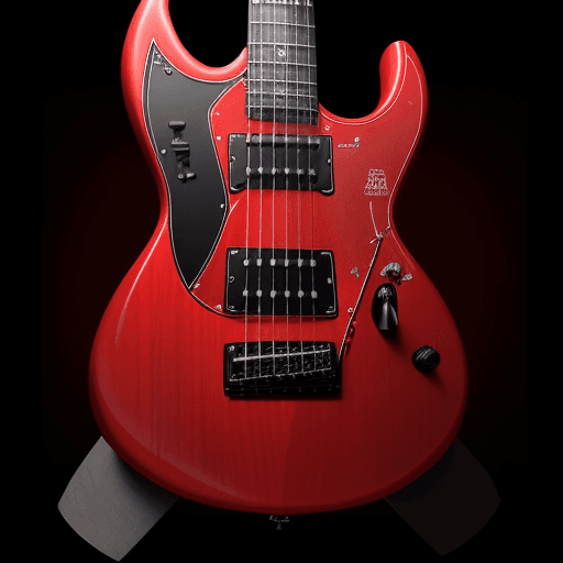 AI generated: hyperrealistic logo, message YBA on body Guitar, red color, black background, black and red electric...