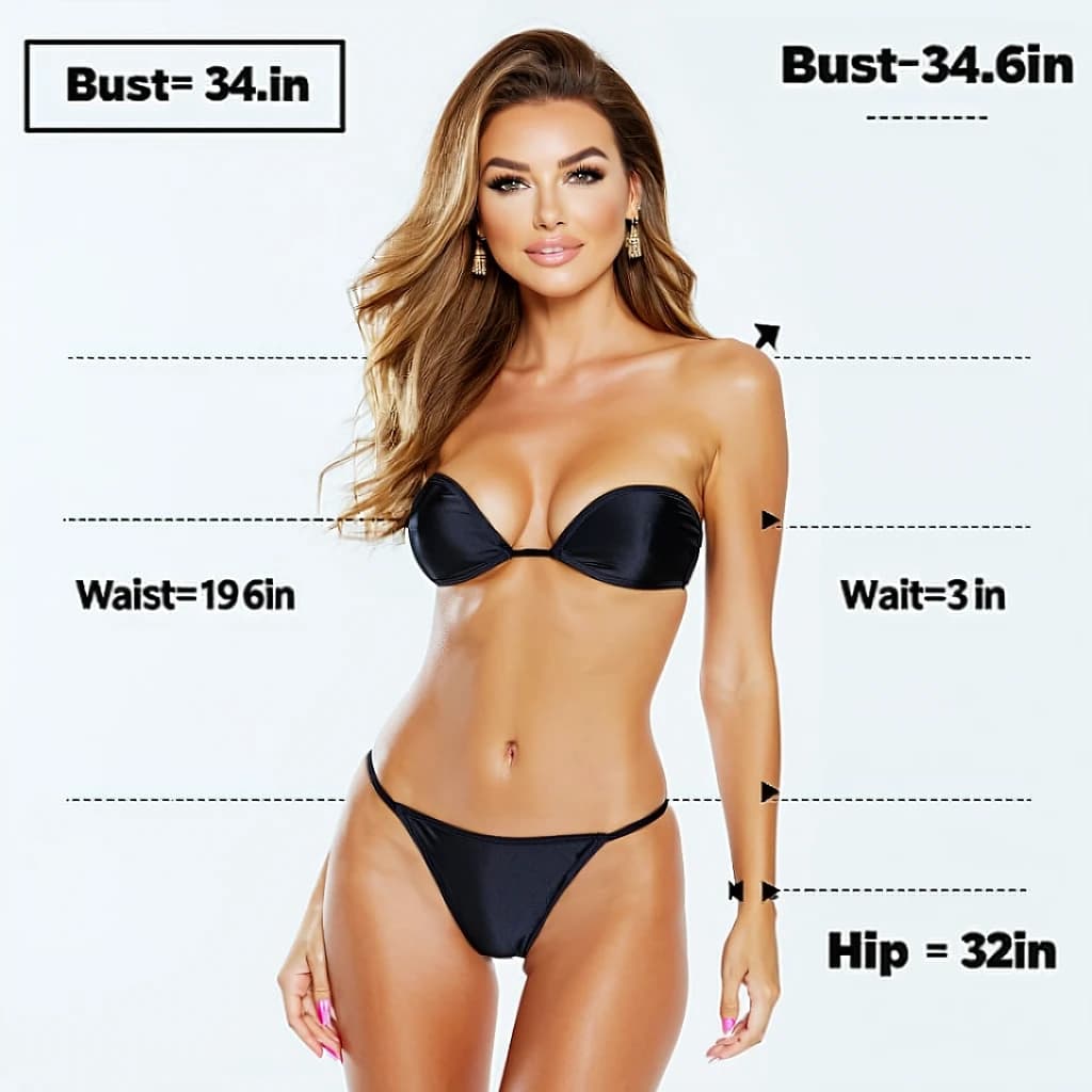 AI generated: show me an head to toe image of a gorgeous woman in a bikini with the following measurements, the im...