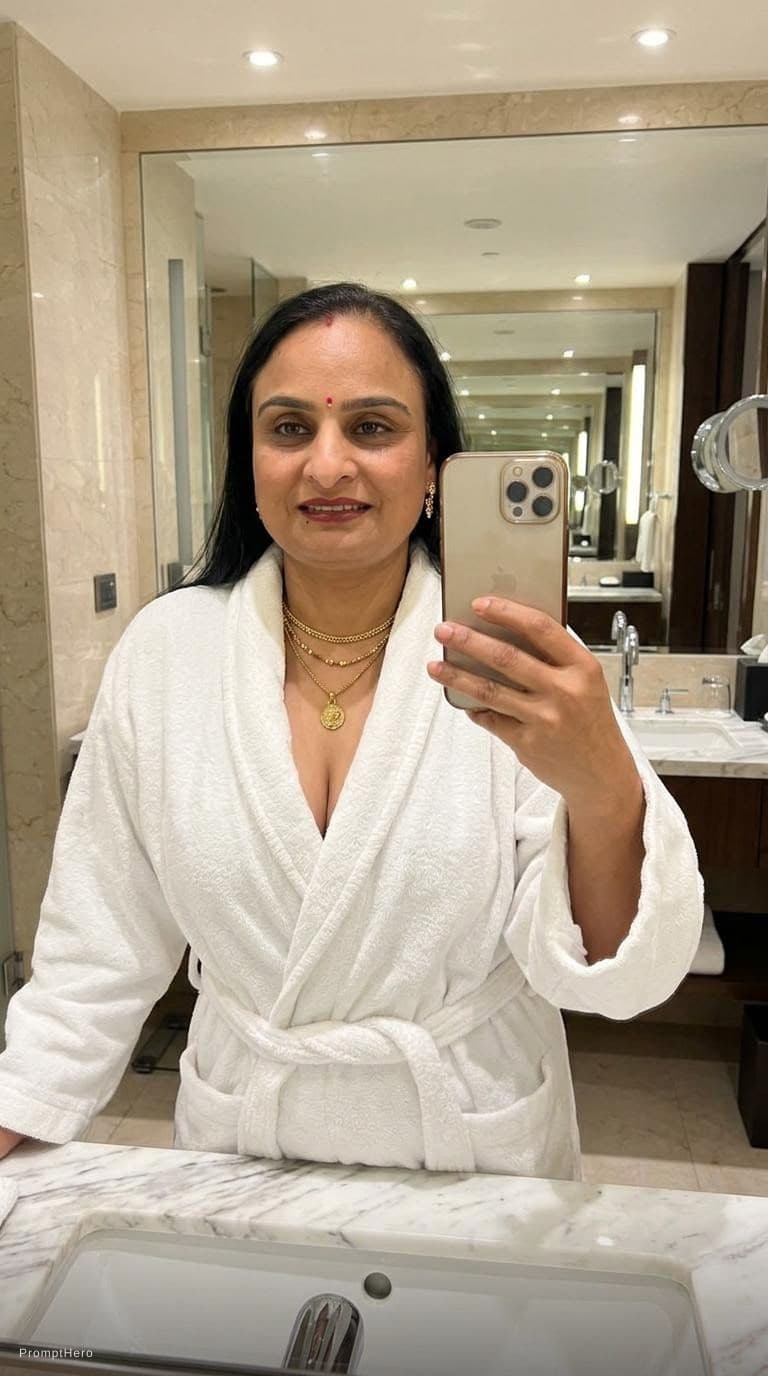 AI generated: Keep the same female indian model, keeping same hairstyle and makeup, taking a mirror selfie wearing...