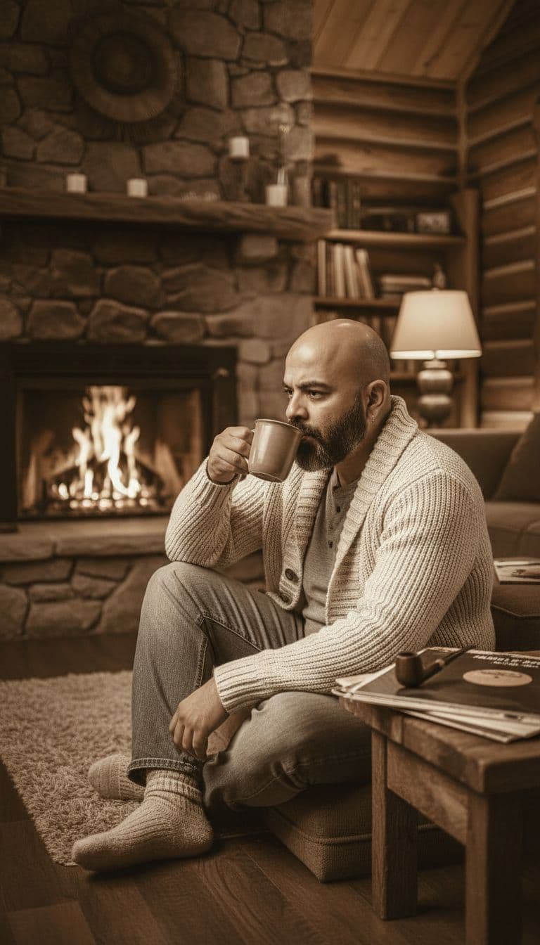 AI generated: Subject: A peaceful late-20s man. Clothing: Hand-knit heavy gauge cardigan (cream color), soft grey ...