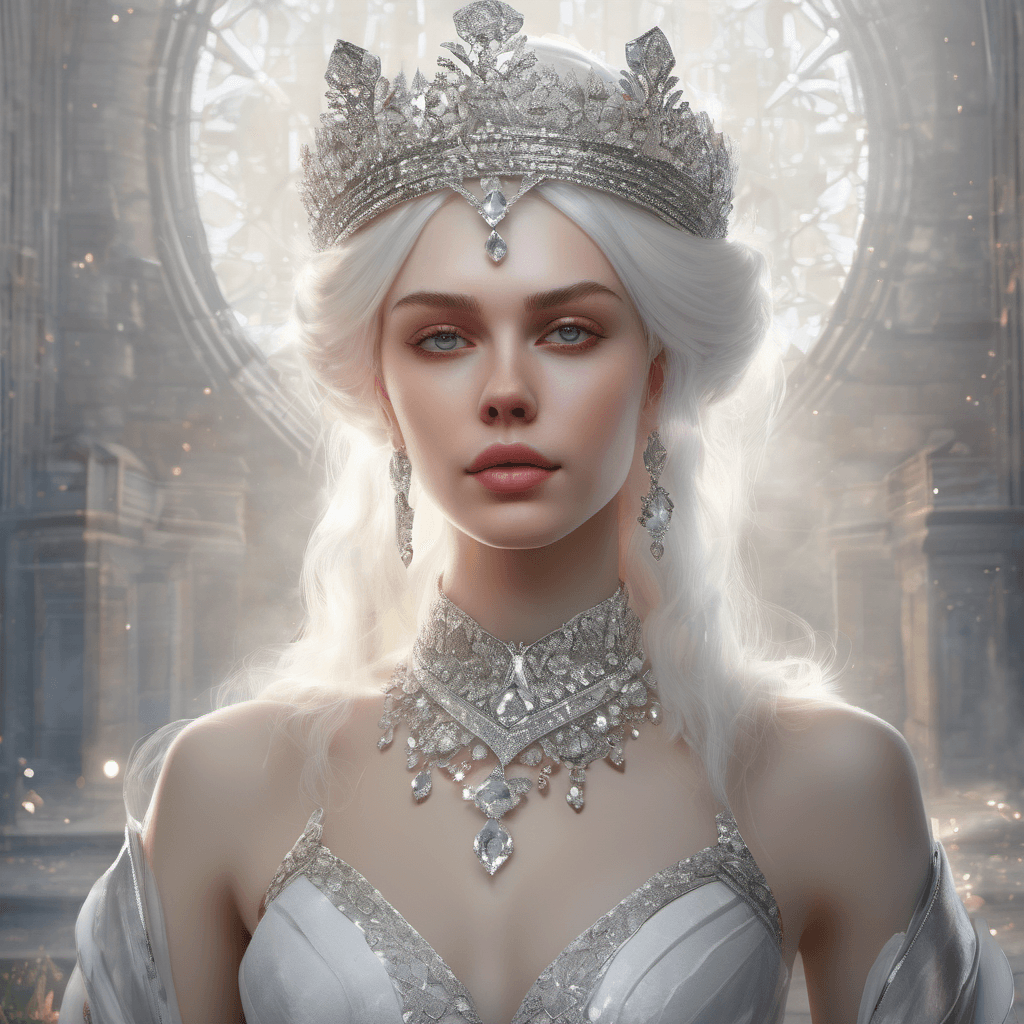 AI generated: Half body, portrait, a woman, unnatural pale skin, white hair, white eyes, wearing a diamond crown, ...