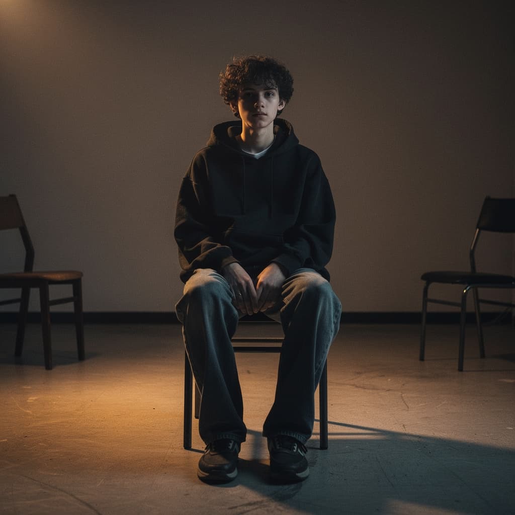 AI generated: Show me a boy with curly hair and a skinny, completely naked body sitting in a dimly lit room with f...