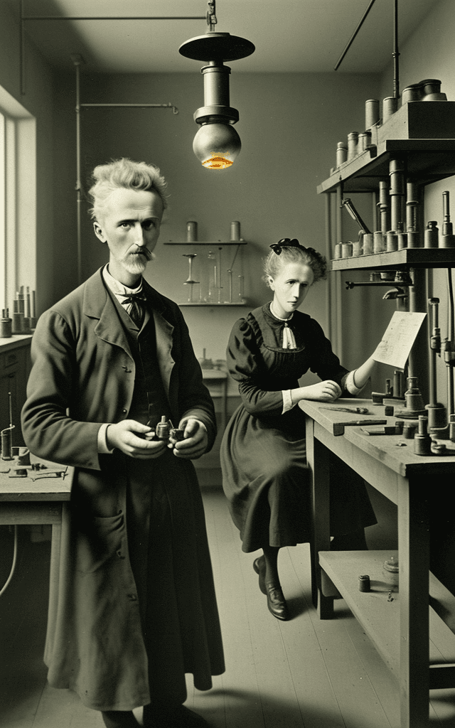 AI generated: This image should vividly portray Marie and Pierre Curie's shared exploration into the world of radi...