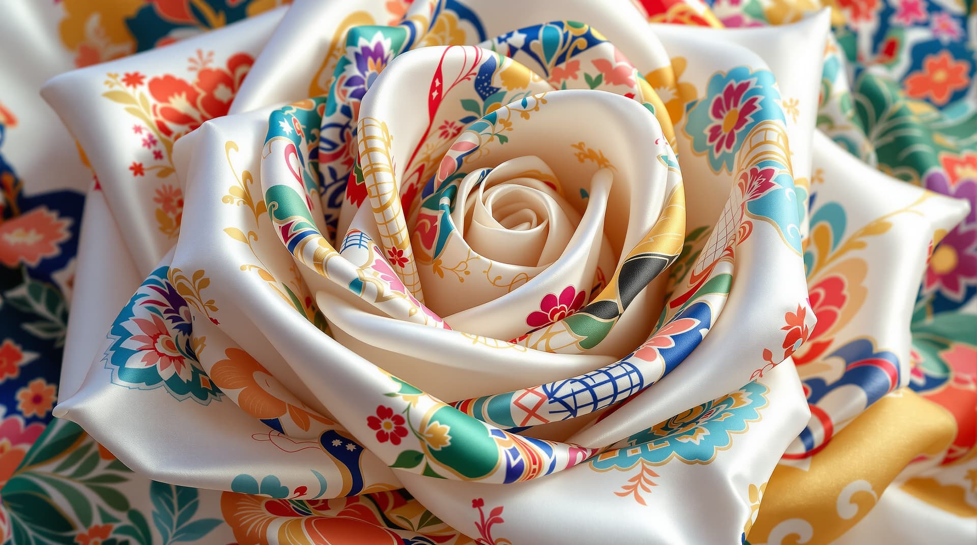AI generated:  a work of art  in a  glossy satin silk fabric white rose  in 3d, each petals are  made of contrasti...