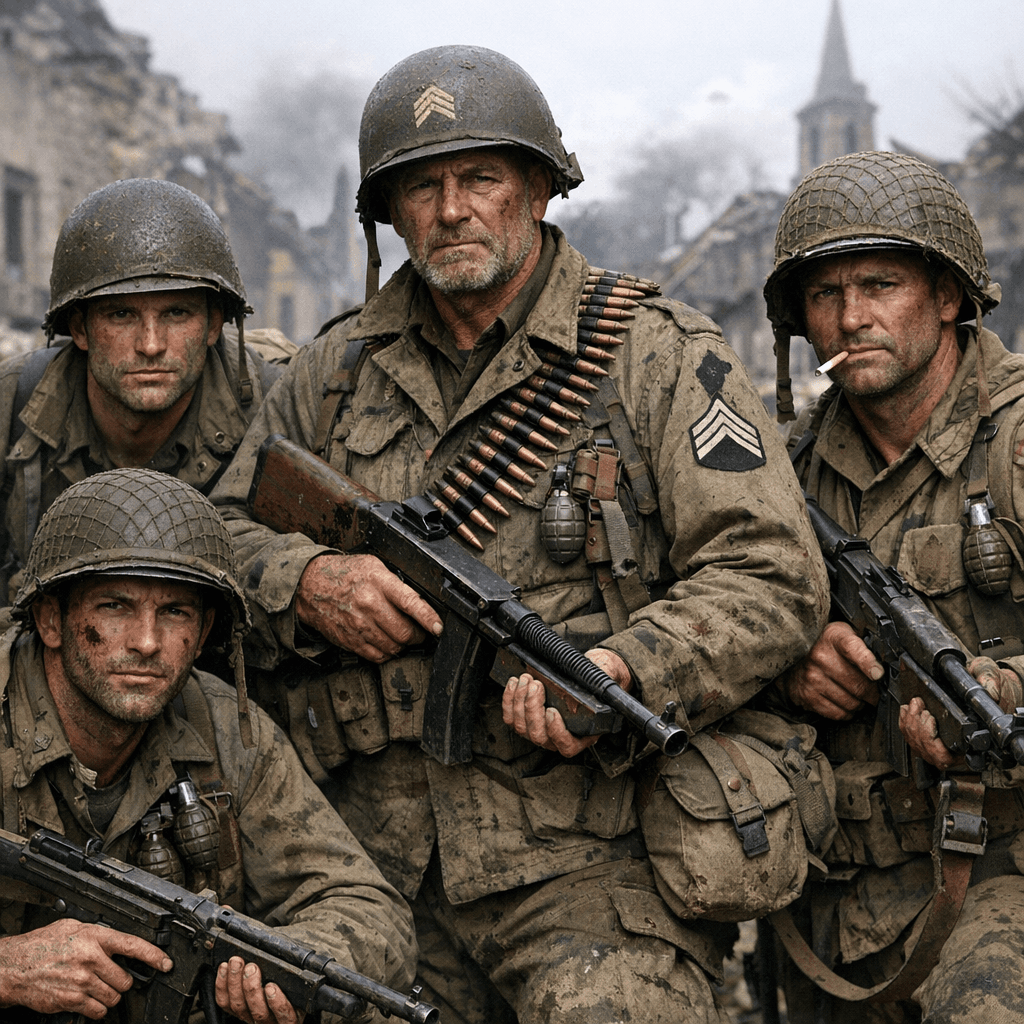 AI generated: imagine a veteran battlehardened elite squad of 4 among with a veteran sgt Smith. All soldiers of us...