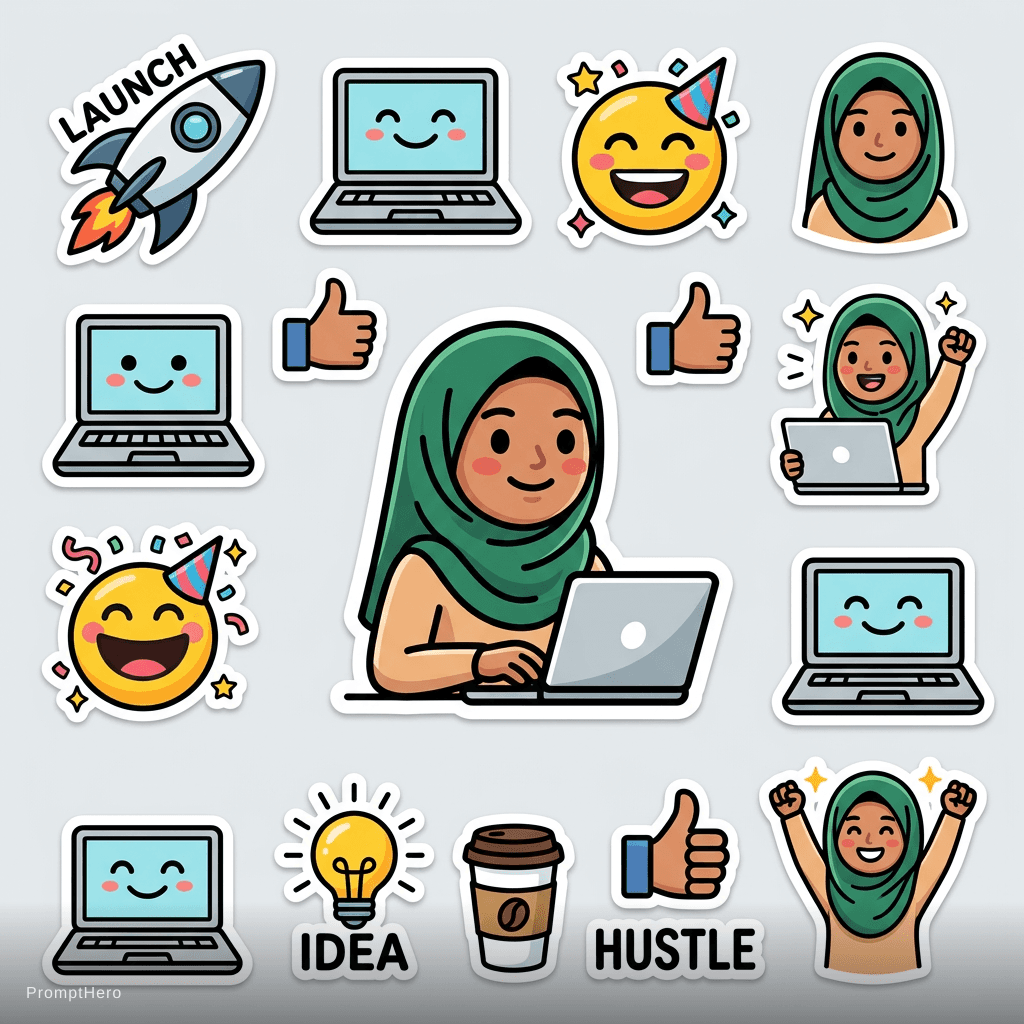AI generated: tech startup stickers based on the uploaded logo, rocket ships, laptops, celebration emojis, modern ...
