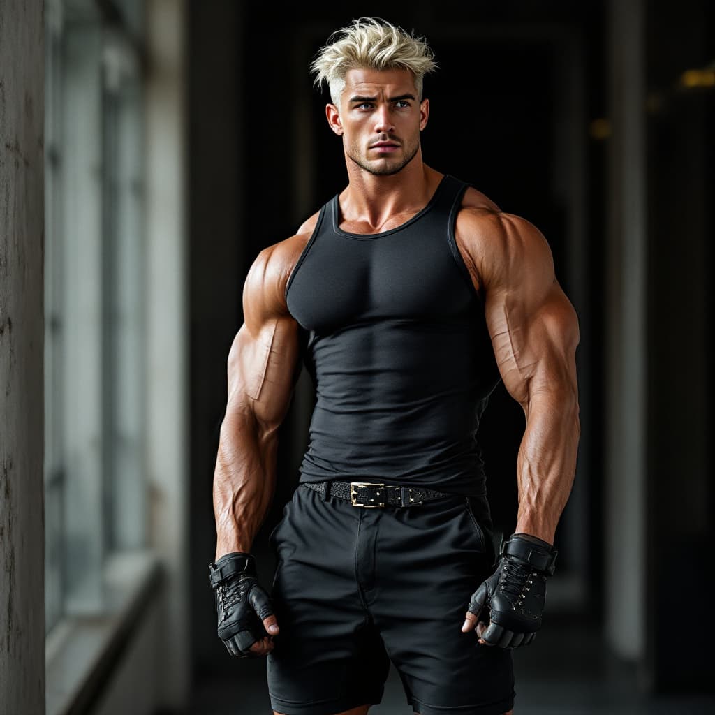 AI generated: high-resolution photo of extremely muscular, handsome young man with platinum blonde hair wearing ex...
