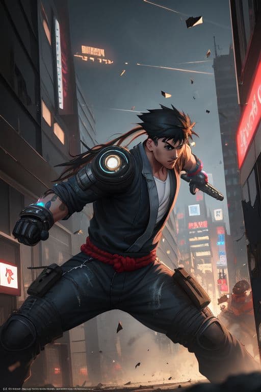 AI generated: painterly style,
photorealistic, detailed flying debris, Cyberpunk street fighter, fighting an army...