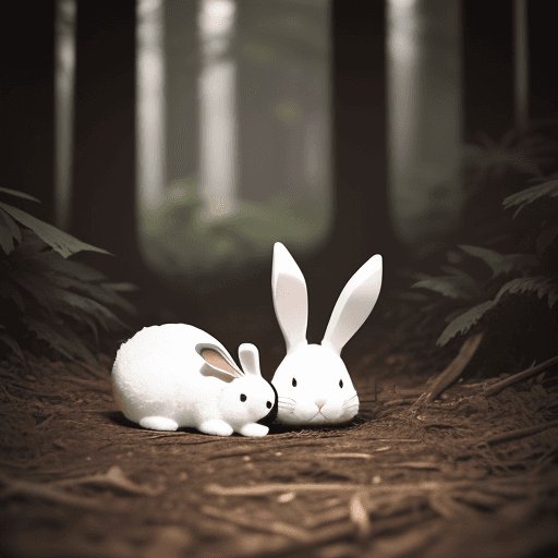 AI generated: A loop ear black and white bunny laying next to a brown bunny in the forest 